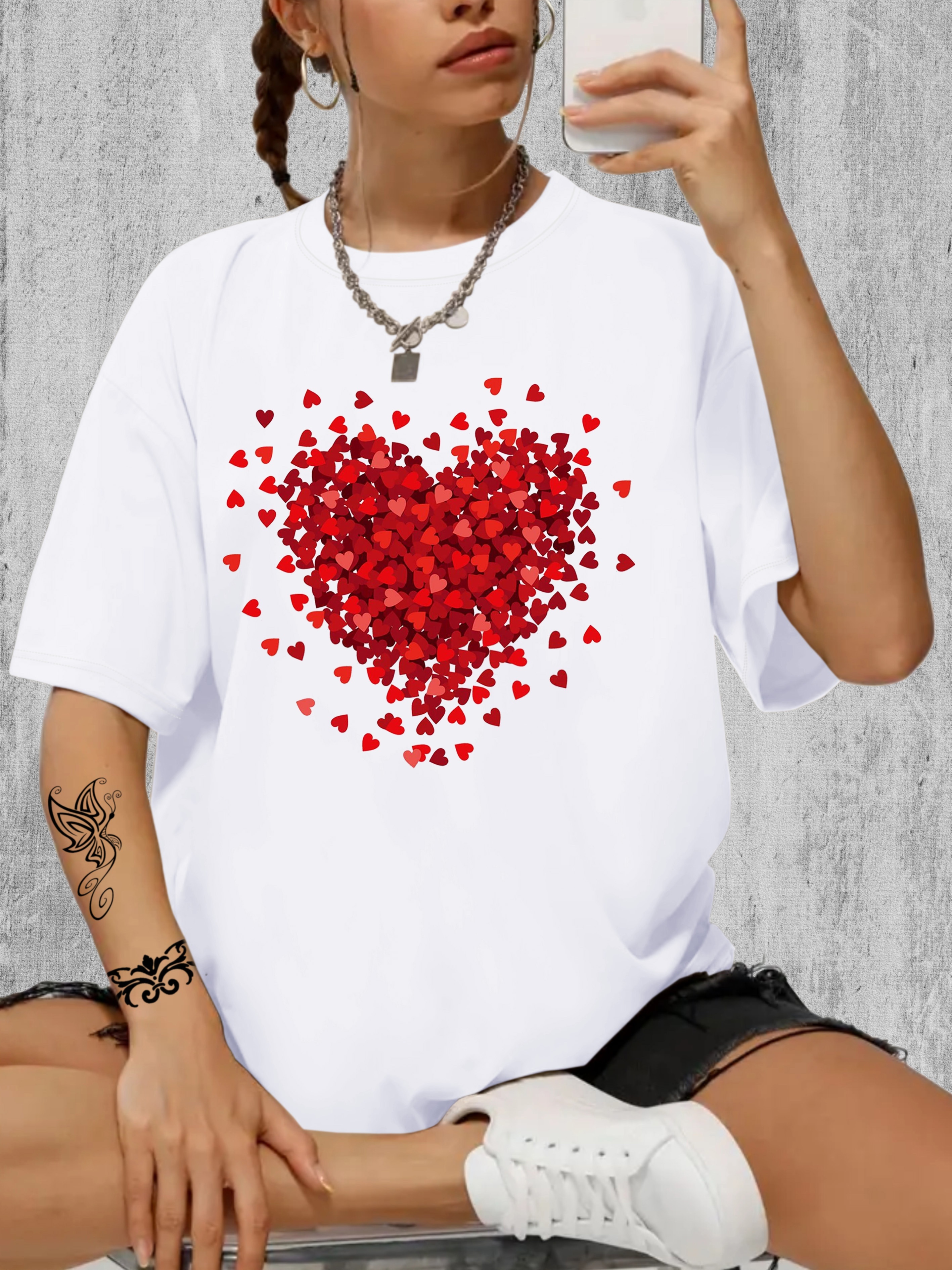 heart print t shirt crew neck short sleeve t shirt casual sport tops womens clothing details 0