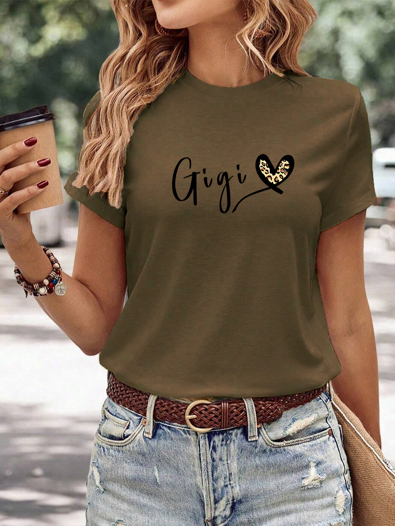 heart gigi letter pattern casual t shirt round neck short sleeves stretchy versatile sports tee womens tops details 0