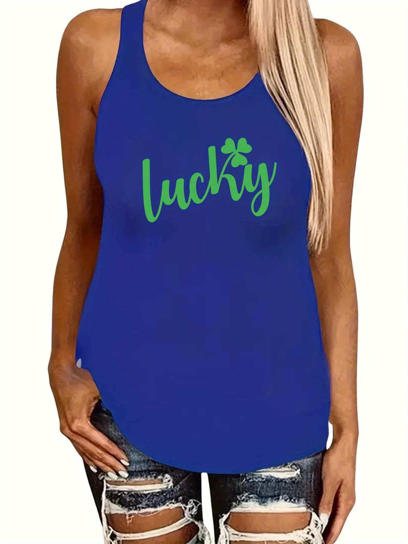 st patricks day lucky clover graphic print sport fitness vest top casual sleeveless vest top for summer womens clothing details 0