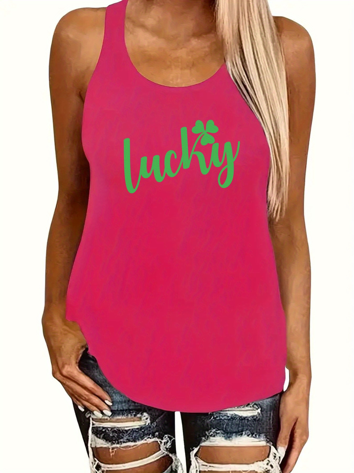 st patricks day lucky clover graphic print sport fitness vest top casual sleeveless vest top for summer womens clothing details 10