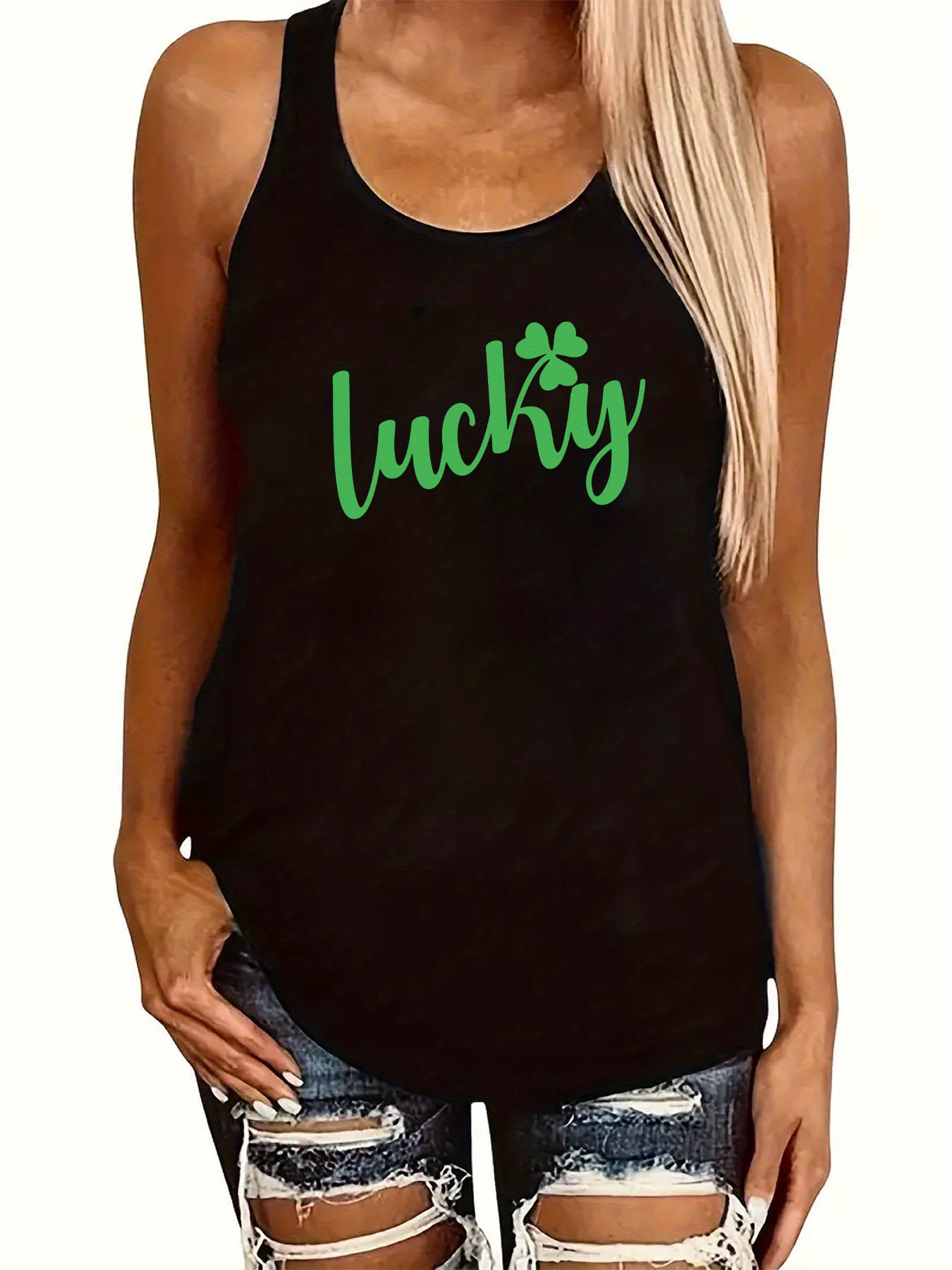 st patricks day lucky clover graphic print sport fitness vest top casual sleeveless vest top for summer womens clothing details 26