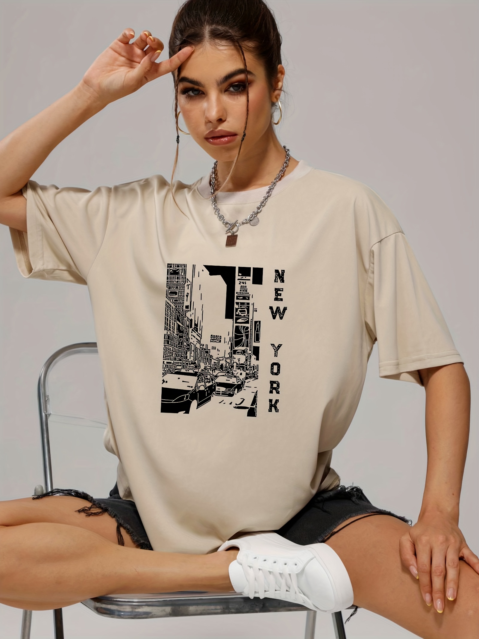 retro letter city street print pullover shirt fashion crew neck short sleeve tee womens clothing details 0