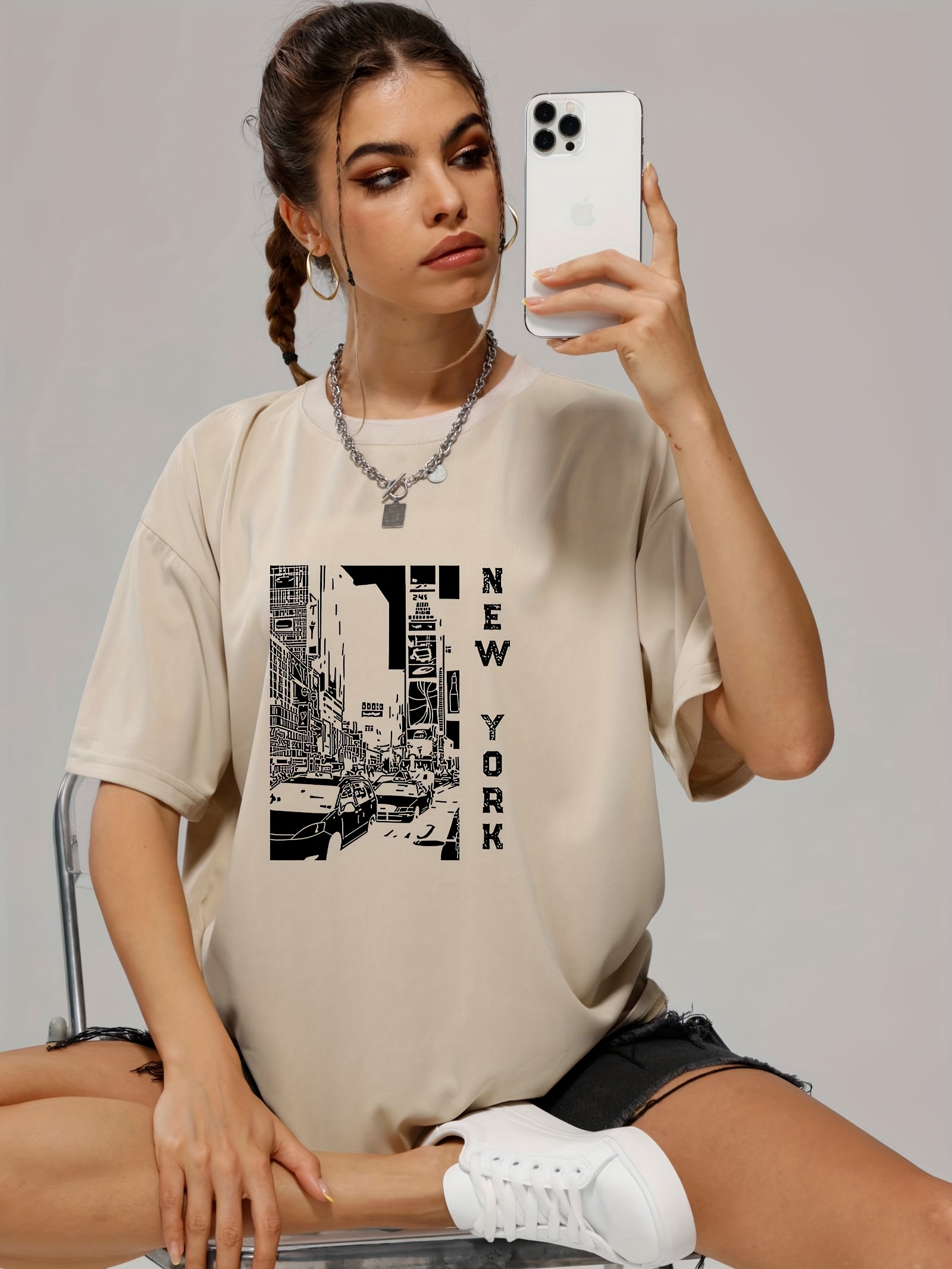 retro letter city street print pullover shirt fashion crew neck short sleeve tee womens clothing details 1