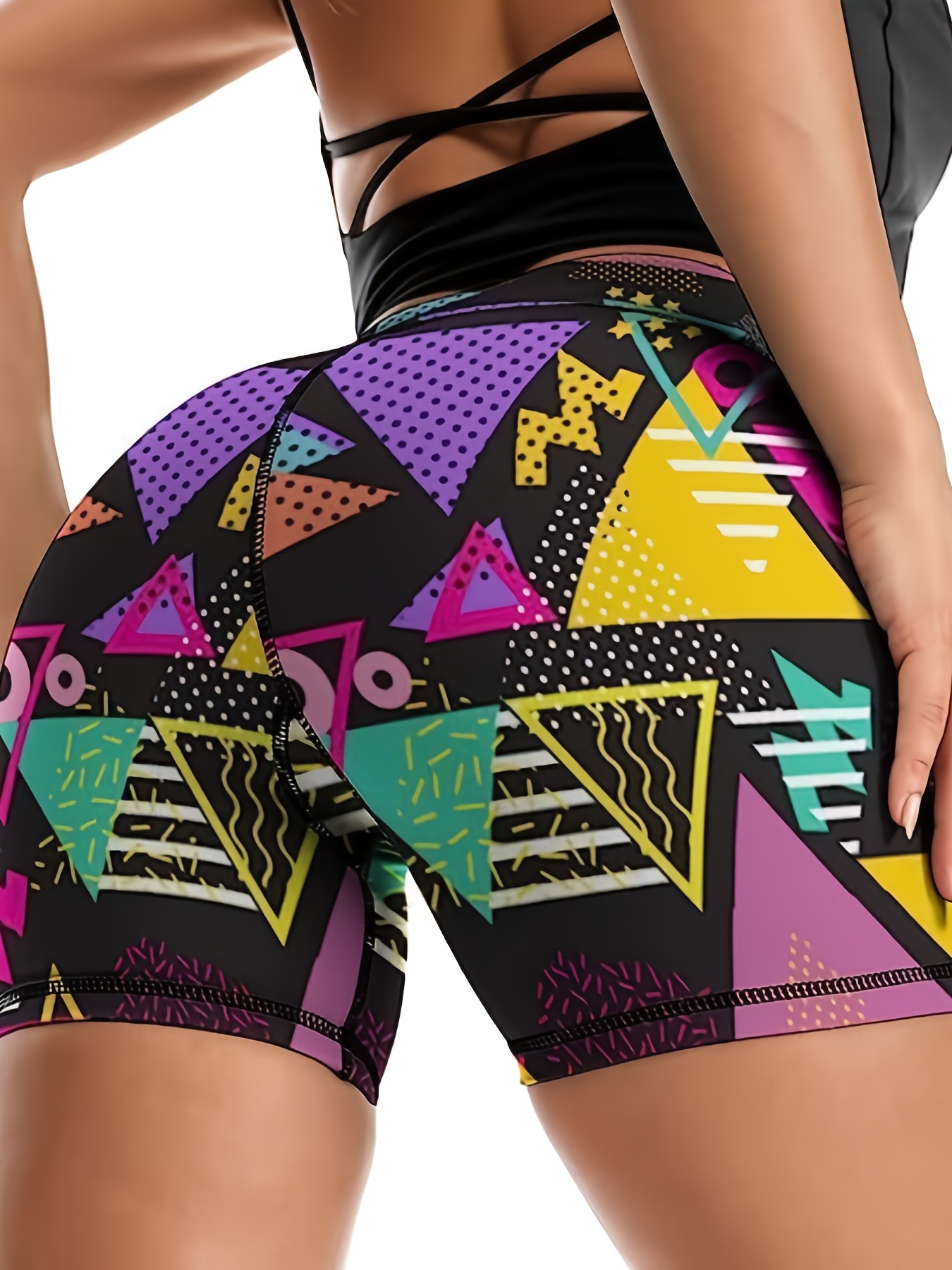 geometric pattern yoga fitness shorts high waist tummy control sports running cycling shorts womens activewear details 0