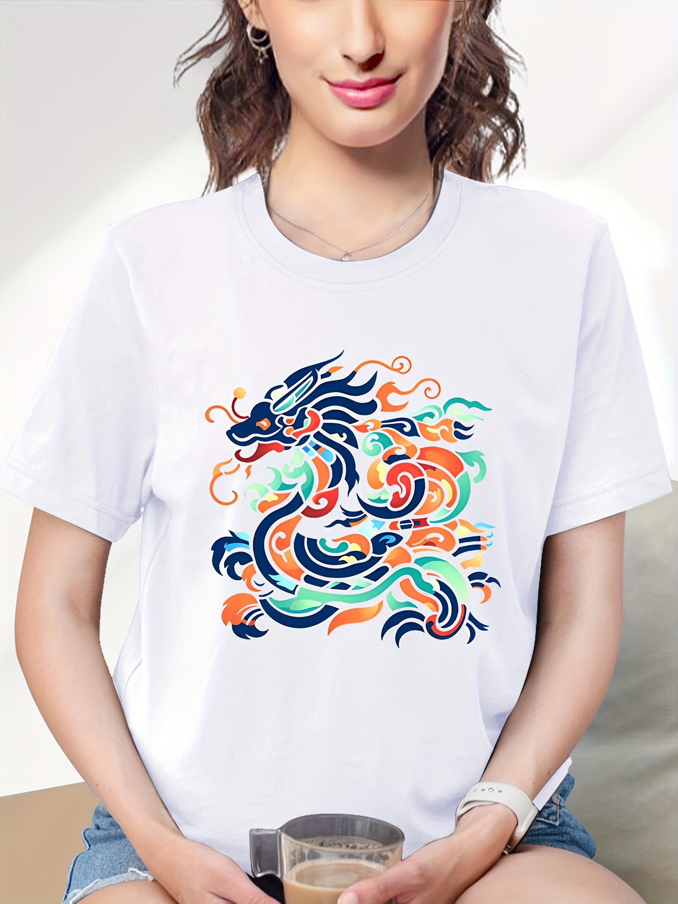 colorful chinese dragon print casual t shirt round neck short sleeves comfy sports top womens sporty clothing details 0