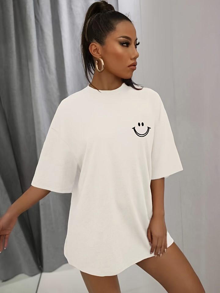 smiling face graphic sports t shirt short sleeves round neck casual fashion tops womens activewear details 0