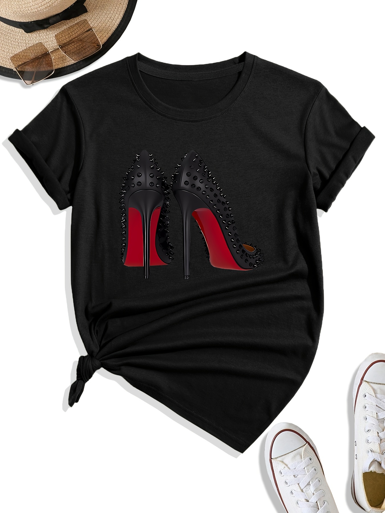 high heels print casual t shirt round neck short sleeves sports tee womens comfy tops details 0