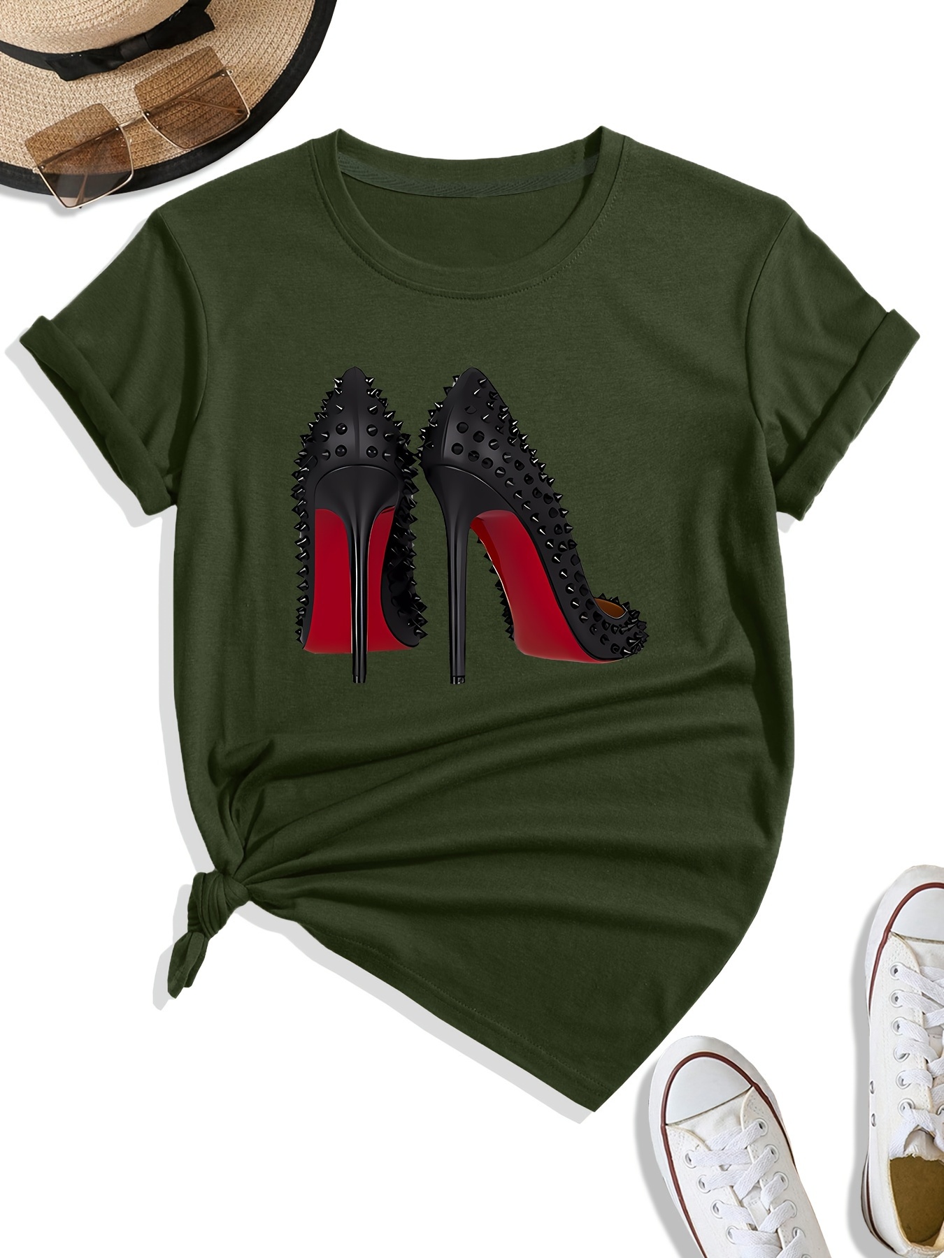 high heels print casual t shirt round neck short sleeves sports tee womens comfy tops details 3