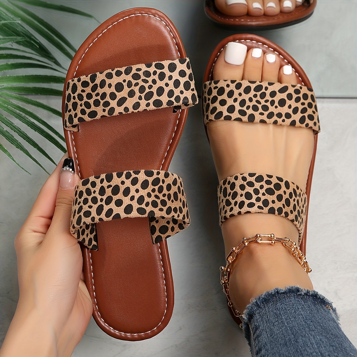 womens leopard print slide sandals trendy double strap flat outdoor shoes lightweight slip on beach shoes details 1